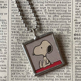 Snoopy, Woodstock, comic strip illustrations from vintage Peanuts book, up-cycled to hand-soldered glass pendant