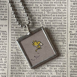 Snoopy, Woodstock, comic strip illustrations from vintage Peanuts book, up-cycled to hand-soldered glass pendant