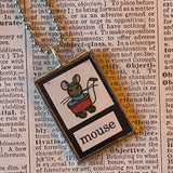 Mouse with mushroom, vintage Richard Scarry children's book illustration up-cycled to soldered glass pendant