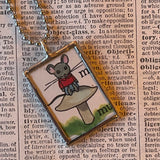 Mouse with mushroom, vintage Richard Scarry children's book illustration up-cycled to soldered glass pendant