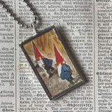 Gnomes, vintage children's book illustration up-cycled to soldered glass pendant