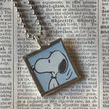 Snoopy, comic strip illustrations from vintage Peanuts book, up-cycled to hand-soldered glass pendant