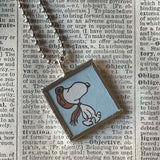 Snoopy, comic strip illustrations from vintage Peanuts book, up-cycled to hand-soldered glass pendant