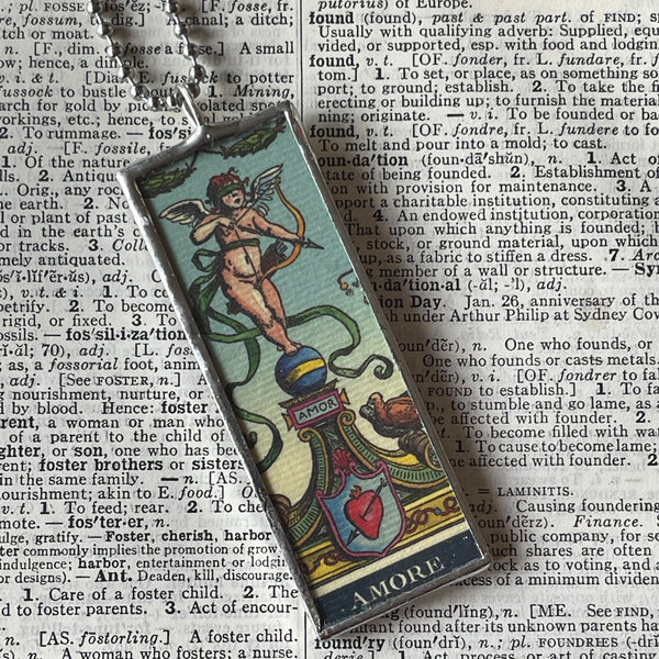 Amore, vintage tarot card illustration up-cycled to soldered glass pendant