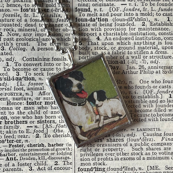 1 Mama dog and puppy, pug dog, vintage illustrations, up-cycled to soldered glass pendant
