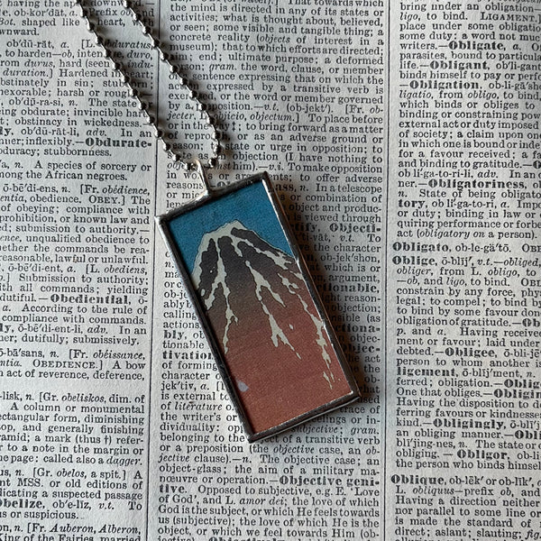 1 Mount Fuji, clouds, Japanese woodblock prints, up-cycled to hand-soldered glass pendant