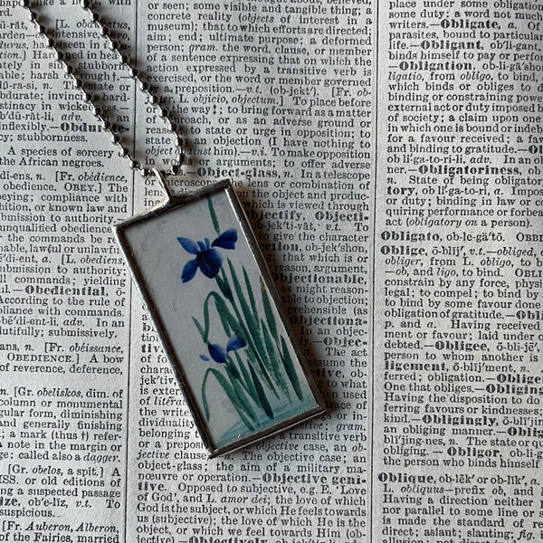 1 Iris, Japanese woodblock prints, up-cycled to hand-soldered glass pendant