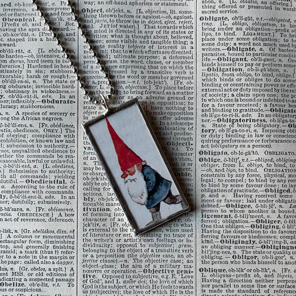 1 Gnome, fly red spotted mushroom vintage book illustrations up-cycled to soldered glass pendant