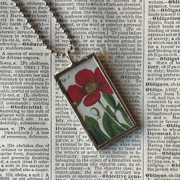 1 - Red poppy flower, botanical illustrations, up-cycled to soldered glass pendant