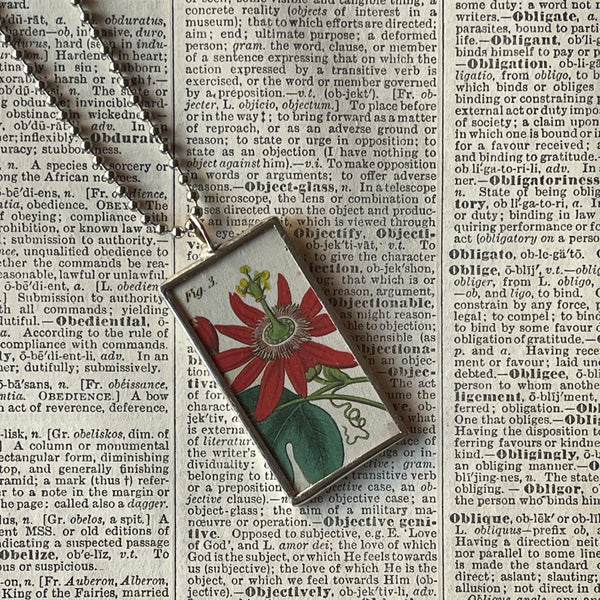 1 Red and white passion flowers, botanical illustrations, up-cycled to soldered glass pendant