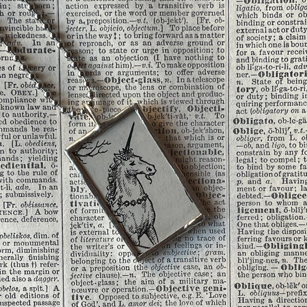 1  Unicorns, vintage children's book illustrations, up-cycled to soldered glass pendant