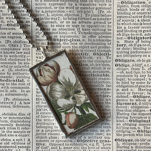 1 Magnolia flowers, botanical illustrations, up-cycled to soldered glass pendant