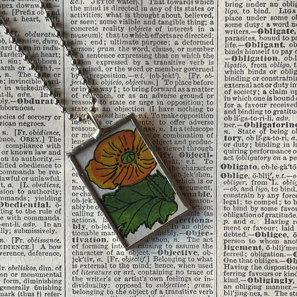 1 Poppy flowers, botanical illustrations, up-cycled to soldered glass pendant