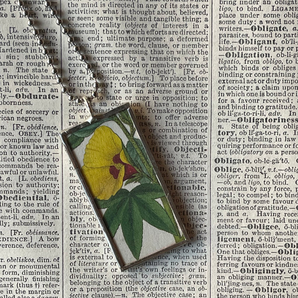 1 Yellow hibiscus, yellow cinquefoil flowers, botanical illustrations, up-cycled to soldered glass pendant