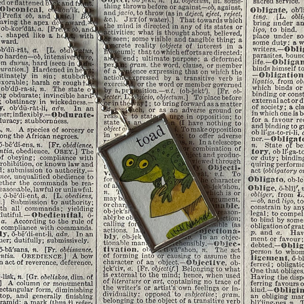 Toad, mushroom, dragonfly, vintage Richard Scarry children's book illustration up-cycled to soldered glass pendant