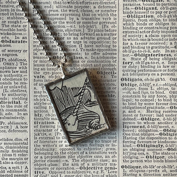 1 Narwhal, dolphin, vintage 1930s children's book illustrations up-cycled to soldered glass pendant