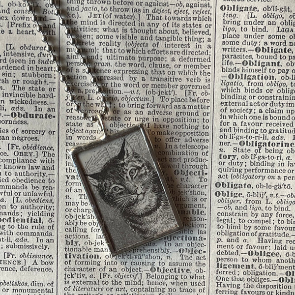 1 Cat, kitten, kitty, antique postcard illustrations up-cycled to soldered glass pendant