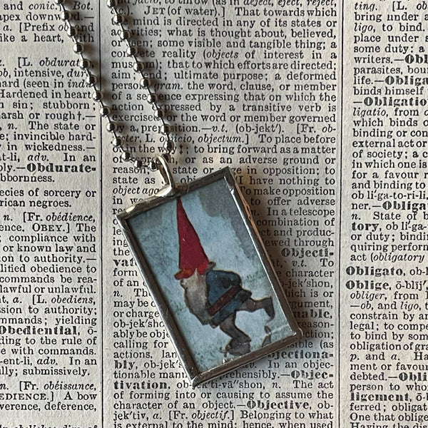1 Gnomes,  vintage book illustrations up-cycled to soldered glass pendant