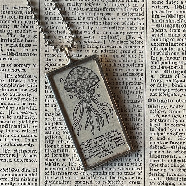 1 Jellyfish - vintage 1930s dictionary illustration up-cycled to soldered glass pendant