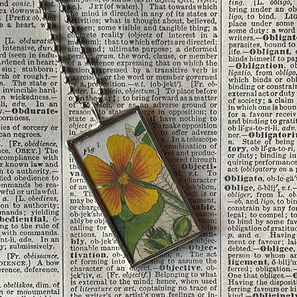 1 Yellow cinquefoil, purple hellebore flowers, botanical illustrations, up-cycled to soldered glass pendant