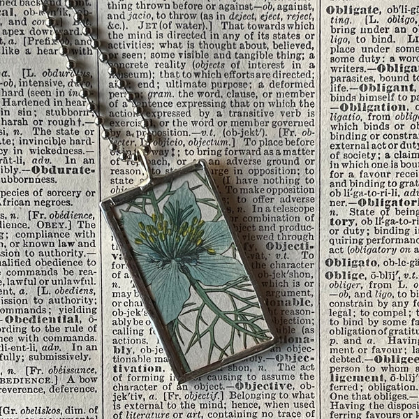 1 Blue poppy flowers, botanical illustrations, up-cycled to soldered glass pendant