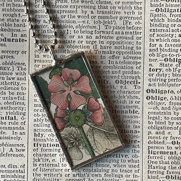 1 Periwinkle flower, white cinquefoil flower, botanical illustrations, up-cycled to soldered glass pendant