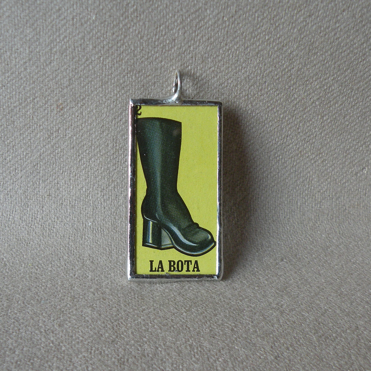 La Mano, hand, La Bota, boot, Mexican loteria cards up-cycled to soldered  glass pendant