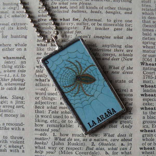 La Arana, spider, La Chalupa, canoe, Mexican loteria cards up-cycled to soldered glass pendant 2