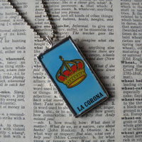 La Corona, crown, La Campana, bell , Mexican loteria cards up-cycled to soldered glass pendant 3