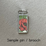1 Yellow Canary bird, red poppy illustrations, upcycled to hand-soldered glass pendant