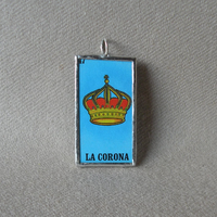 La Corona, crown, La Campana, bell , Mexican loteria cards up-cycled to soldered glass pendant 3