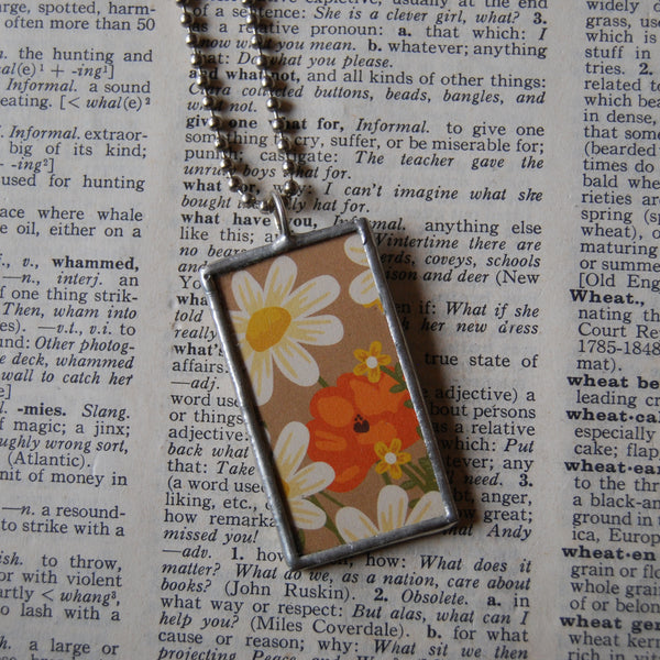 California poppy, white daisy, blue cornflower, vintage botanical illustrations, upcycled to soldered glass pendant