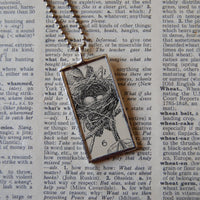 1 Birds nest with eggs, pink flowers vintage illustrations up-cycled to soldered glass pendant