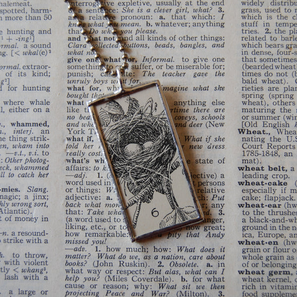 Birds nest with eggs, pink flowers vintage illustrations up-cycled to soldered glass pendant