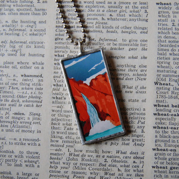 Grand Canyon National Park travel poster, upcycled hand soldered glass pendant