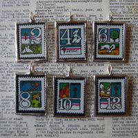 Vintage 1973 Christmas Seals Stamps, up-cycled to 2-sided, hand-soldered glass pendants, set of 6 with 12 days of Christmas,
