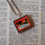Vintage 1933 Christmas Seals Stamp, up-cycled to 2-sided, hand-soldered glass pendants, figures in snow