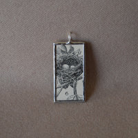 1 Birds nest with eggs, pink flowers vintage illustrations up-cycled to soldered glass pendant