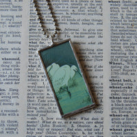 Cranes, Lotus flowers, Japanese woodblock prints, up-cycled to hand-soldered glass pendant