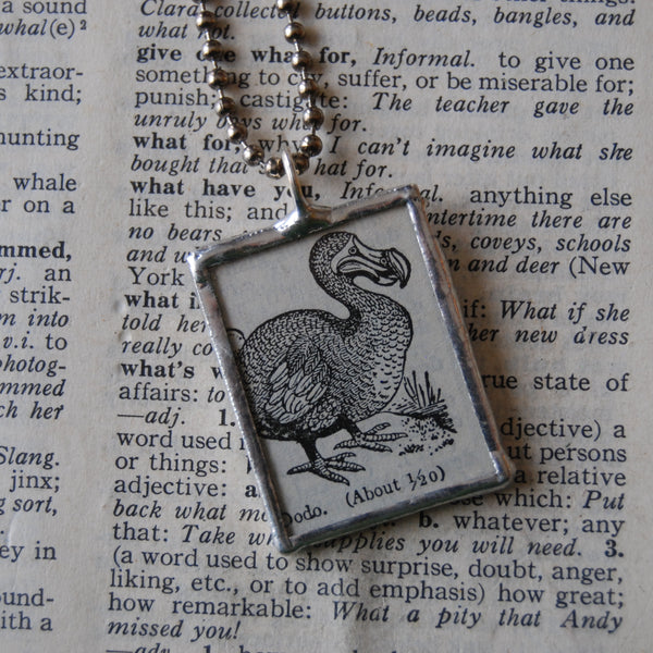 Dodo bird, vintage 1930s dictionary illustration, upcycled to soldered glass pendant