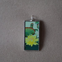 Cranes, Lotus flowers, Japanese woodblock prints, up-cycled to hand-soldered glass pendant