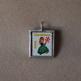 Vintage 1956 Christmas Seals Stamps, up-cycled to 2-sided, hand-soldered glass pendants, Boy and Girl
