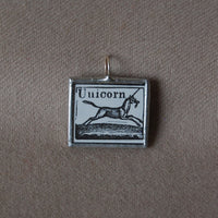 Unicorn, hand vintage woodcut illustration, up-cycled to hand soldered glass pendant