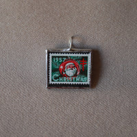 Vintage 1957 Christmas Seals Stamps, up-cycled to 2-sided, hand-soldered glass pendants, Santa Claus