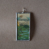 Mount Fuji in Spring, Japanese woodblock prints, up-cycled to hand-soldered glass pendant