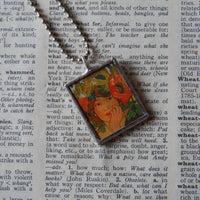 Alphonse Mucha art nouveau woman painting, upcycled to hand-soldered glass pendant