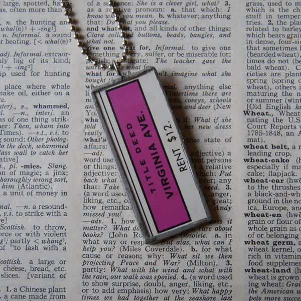 Vintage Monopoly board game cards, B&O Railroad, upcycled to hand-soldered glass pendant 