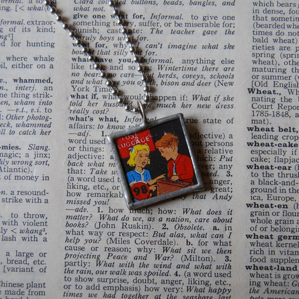 Boy and girl, vintage game board graphics, up-cycled to soldered glass pendant