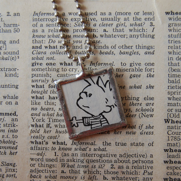 Calvin & Hobbes, original vintage comic book illustrations, upcycled to soldered glass pendant