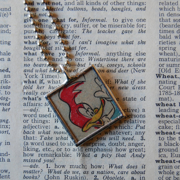 Woody Woodpecker, Andy Panda, original vintage 1970s comic book illustrations, upcycled to soldered glass pendant